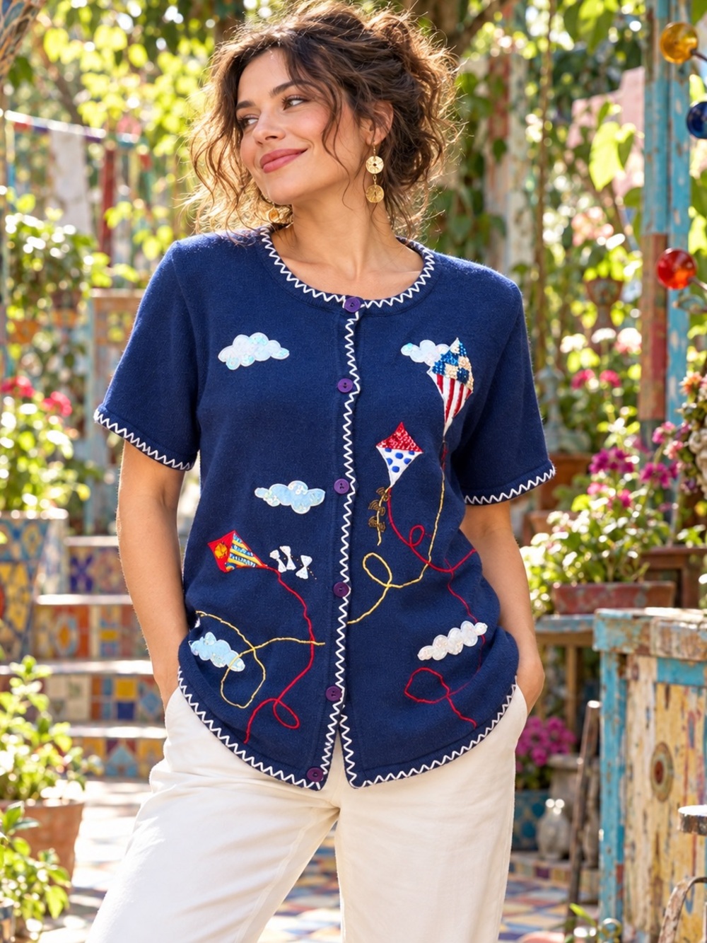 Vintage 90s Susan Graver Style Kite Appliqué Sequin Cardigan Large Ramie Cotton